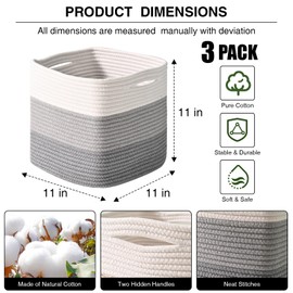 Dcerzxzci 11 Inch Cube Storage Bins, 11x11 Cube Storage Bins for Cube Organizer, Square Cloth Storage Cubes, Woven Storage Baskets for Shelves, Toy Rope Baskets Storage Kids, Gradient Grey (Pack of 3)