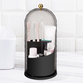 QIYVLOS Toothbrush Holders with Sliding Lid, Rotating 3 Slots Bathroom Organizer Countertop, Tooth Brush Toothpaste Holder Bathroom Counter Stand Caddy for Vanity Makeup Brushes Holder (Black)