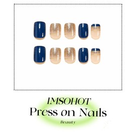 IMSOHOT Press on Nails Short Square Fake Nails Blue Glossy Acrylic False Nails with Glitter Designs 24Pcs Stick on Fingernails Full Cover Glossy Gel Glue on Nails