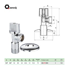 ZencQ Angle Valve 1/2 Inch Wall Connection, 1/2 Inch Hose Connection, Corner Control Valve, Angle Valve Sink for Cold Hot Water Drinking Water
