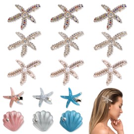 15 Pcs Starfish Hair Clips, Rhinestone Hairpin Star Hair Clips Seashell Hair Clips, Beach Hairpins Starfish Barrette Hairpins Pearl Crystal Hair Clip Beach Hair Accessories for Women