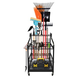 Garden Tool Organizer, Yard Tool Organizer with Wheels, Metal Yard Tools Storage, Heavy Duty Garden Tool Organizer for Garage, Partitioned Tool Organizer and Storage for Garage, Tool Stand, Outdoor