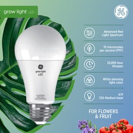 GE Grow Lights for Indoor Plants, A19 LED Light Bulbs for Flowers and Fruit with Advanced Red Light Spectrum, White Indoor Plant Light, 25,000 Hours Lifespan, 15 PPF, 2 Pack (Packaging May Vary)
