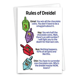 NobleWorks - Funny Chanukah Greeting Card w/ 5 x 7 Envelope For Men, Women - Jewish Holiday Card Rules of Dreidel 4189Z