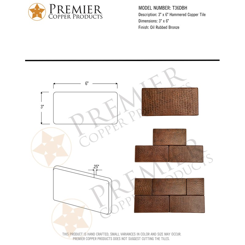 Premier Copper Products T36DBH 3-Inch x 6-Inch Hammered Copper Tile