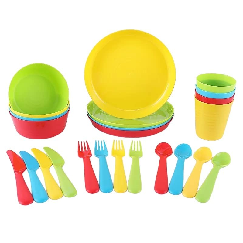Plaskidy Kids Dinnerware Set for 4-24 Piece Plastic Childrens Dishes