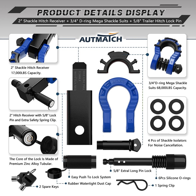 AUTMATCH Shackle Hitch Receiver 2" with 3/4" Mega D Ring