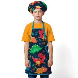 SANDJEST Dinosaur Apron with Pocket, 2Pcs Aprons and Chef Hat for Toddlers Girls Boys, Kid Apron for Cooking Baking Gardening Painting