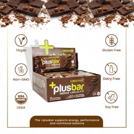 Greens+ Plusbar Energy Chocolate | Gluten Free Energy Bar | Organic Greens | Organic Dark Chocolate | Non GMO | 12 Bars