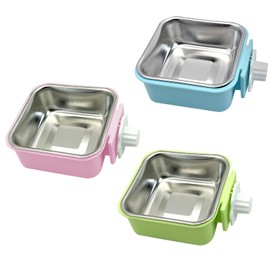 kathson Crate Dog Bowl, Removable Stainless Steel Hanging Pet Kennel Cage Bowl Food & Water Feeder Coop Cup for Puppy, Cat, Rabbit,Guinea Pigs 3pcs Square(Blue,Green,Pink)
