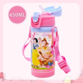 PLNVNVP Children's Drinking Bottle, 450 ml, Princess Water Bottle with Straw, Princess Drinking Water Bottle, BPA-Free, Leak-Proof, for Nursery, School, Outdoor Sports Drinking Bottle