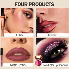 U-Shinein Blush Eyeshadow Lip Liner and Lipstick Makeup Set, Liquid Blush Beauty Wall, Shimmer Glitter Eyeshadow Palette, Matte Lipstick and Lip Liner, Christmas Makeup Gift, 4Pcs, 07