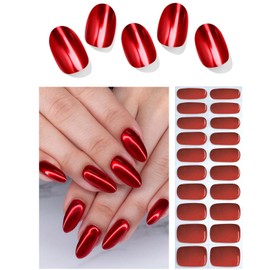 Semi Cured Gel Nail Strips, 20pcs Gel Nail Stickers UV, Semi Cured Gel Nail Wraps for Home Nails DIY (Chrome Mirror Red)