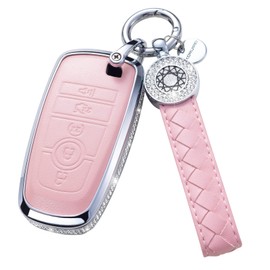 RUABIBAN Compatible with Ford Key Fob Cover with Keychain, Pink Genuine Leather Crystal Key Case Protection Shell for Ford Fusion F150 F250 F350 F450 F550 Edge Explorer Smart Remote Key