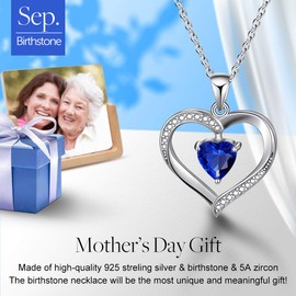 Winglove Forever Love Heart Necklace 18K Gold Plated 925 Sterling Silver Birthstone Pendant Necklace with 5A Cubic Zirconia Birthday Gifts for Women and Girls.(Silver-Sep-Sapphire)