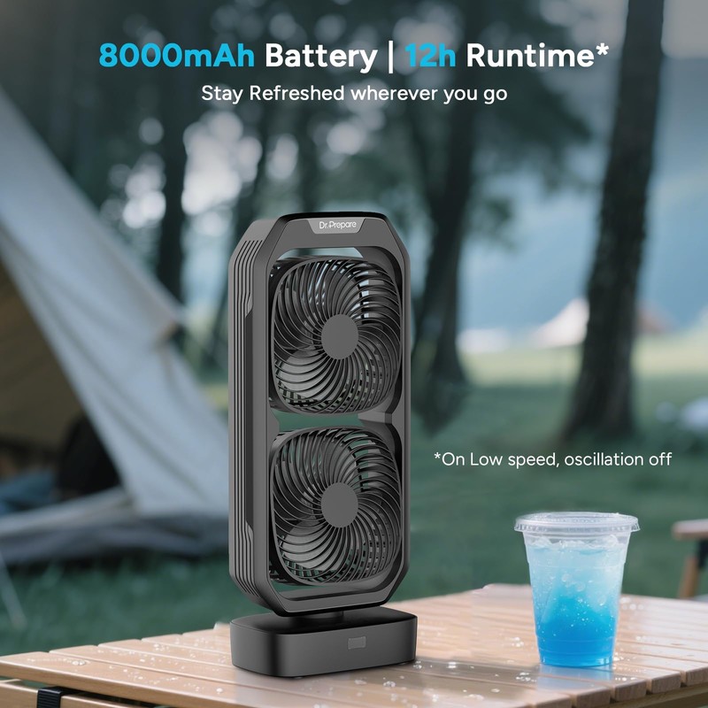 DR.PREPARE Small Oscillating Tower Fan with Remote, Rechargeable Battery Powered