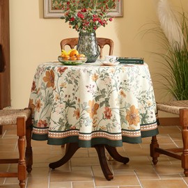 bilin gaier French Tablecloth for Round Tables,Linen Orange Floral Table Cloth,Wrinkle Resistant Tablecloths,Decor Table Cover for Kitchen,Dining,Tea Party,Home,Christmas,Diameter 67"