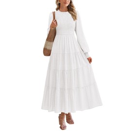 PRETTYGARDEN Women's Long Sleeve Maxi Dresses 2025 Fall Casual Smocked Trim Neck Swiss Dot Tiered Flowy Wedding Guest Dress (White,S)