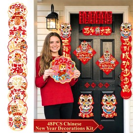 48 PCS Chinese New Year Decorations 2026 Lunar New Year Couplet Kit Chinese New Year Couplet Set Spring Festival The Year of the Horse Decor Red Envelope Hanging Ornament for Living Room Sign Supplies