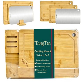 Bamboo Cutting Board Set with Stainless Steel Board & Stand by TangTea | 3 Boards for Kitchen Prep | Wood Chopping Board with Juice Groove, Hygienic Metal Board for Meat | Serving and Chopping