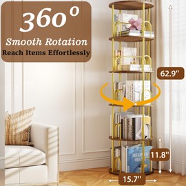 Arbcoler 5-Tier Rotating Bookshelf, 360° Round Spinning Book Shelf Tower, Tall Skinny Wood & Metal Bookshelf for Corner/Office/Home, Modern Industrial Vintage Style