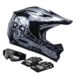 TCT-MOTORPARTS Black Skull Boy DOT Kids Youth Motocross Helmets ATV Off-Road Dirt Bike Motorcycle Full Face Helmet+Gloves+Goggles Large