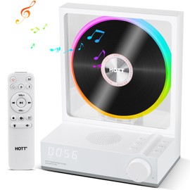 HOTT CD-Player Tragbar mit Fernbedienung, Bluetooth 5.3 Desktop CD Player mit RGB-Lichtern, Tragbarer CD Player mit HiFi Lautsprechern, Unterstützt TF-Karte, Transkription, LED-Bildschirm, Timer(Weiß)