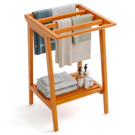 Giantex Teak Towel Rack for Bathroom, 5 Bars Freestanding Towel Racks with Storage Shelf, Wood Shower Clothing Drying Rack, Blanket Stand for Living Room Poolside, 19.5" L x 19.5" W x 31.5" H