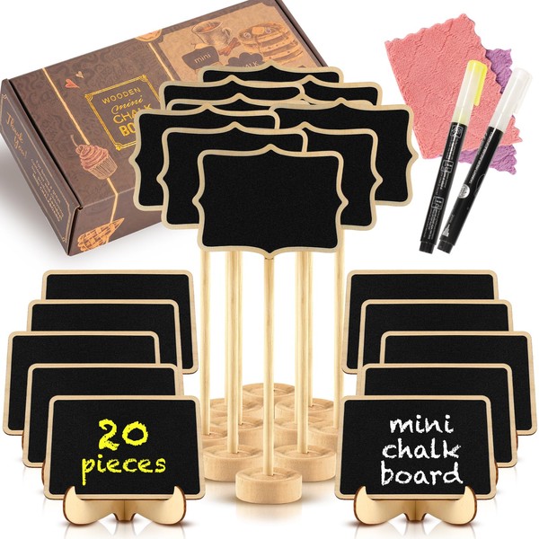 OleOletOy Mini Chalkboard Signs 20 Pack with Easel Stand, Liquid Chalk Pen Marker, Black Framed Small Chalk Board Labels, Rustic Wedding Decorations for Reception, Place Card Table Numbers, Food Signs