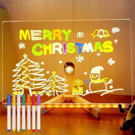 LED Note Board with Colors, Lighted Acrylic Message Board Acrylic Dry Erase Board with Light, Light up Dry Erase Board with Stand Drawing Board and 7 Colors Pens (5.9 × 5.9")