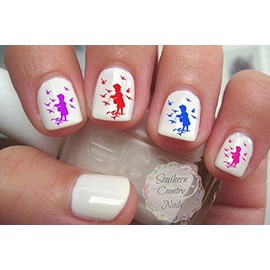 Cute Girl Feeding Birds Nail Art Decals (Purple)