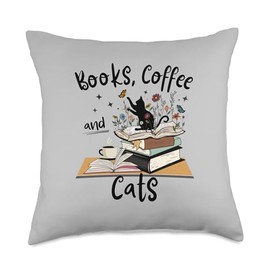 Cute Gardening Plant Book Coffee Cat Lover Apparel Adorable Cat Book Plant Coffee Lover Throw Pillow, 18x18, Multicolor
