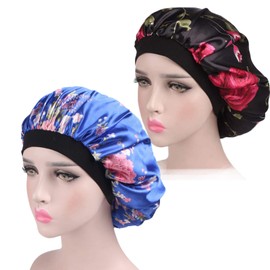 2 PCS Satin Silk Bonnet Night Sleep Cap Hair Bonnet Sleeping Head Cover Turban Elastic Wide Band Satin Bonnet Salon Bonnet Satin Hair Cover for Black Women Girls Curly Afro Hair Natural Hair Braids