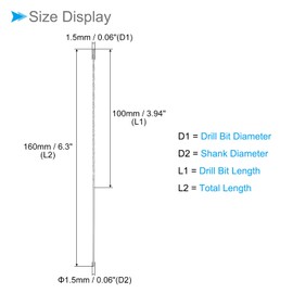 CoCud Extra Long Twist Drill Bit, 0.06 inch (1.5 mm) Drill Diameter, 6.3 inches (160 mm), Total Length, High Speed Steel, Twist Drill Bit for Copper, Metal, Wood, Aluminum, 2 Pieces