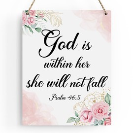Inspirational Decor God is Within Her She Will Not Fall Psalm 46:5 Christian Gifts for Women Bible Verse Wall Art Scripture Wooden Hanging Sign for Kids Room Bathroom Bedroom Decor 8 x 10 Inches