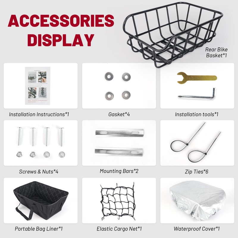 Bike Basket Rear, Bicycle Baskets for Adult Bikes, Ebike Basket