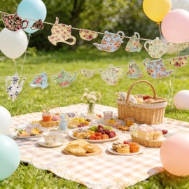 SUNBEAUTY Tea Party Decoration Teapot Bunting Garland Spring Garden Party Supplies for Tea Cup Vintage Banner Tea Party Supplies for Girls Women Birthday Baby Shower Wedding Favors