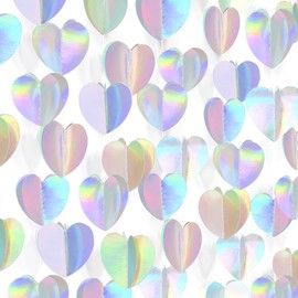 jijAcraft Iridescent Party Decorations, 40ft Disco Holographic 3D Love Heart Garland, 4Pcs Wedding Hanging Decoration Neon Streamers Garland Banner for Birthday Bachelorette Baby Shower Engagement