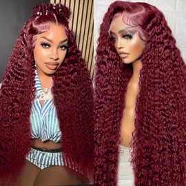 Kivolin 32 Inch 99j Burgundy Lace Front Wigs Human Hair Deep Wave Lace Front Wigs Human Hair Pre Plucked Red Curly Human Hair Wig 13x4 HD Colored Frontal Glueless Wet and Wavy Loose Deep Wave