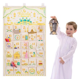 DPKOW 30 Advent Calendar for Filling Made of Fabric, Ramadan Advent Calendar Tapestry Hanging for Wall Door Decoration Ramadan Mubarak Calendar Fabric Bag for Children Self-Filling with 30 Pockets