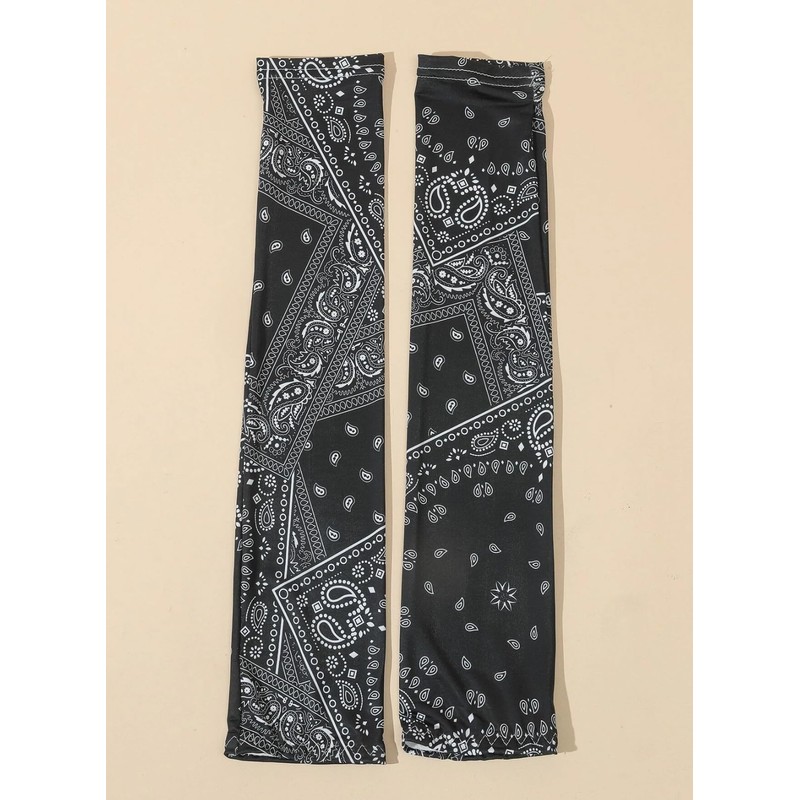 Black Paisley Long Arm Sleeves Sun Motorcycle Bicycle Elastic Stretch