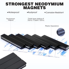 MIKEDE Black Rare Earth Neodymium Magnets, 6 Pack Strong Heavy Duty Bar Magnets with Double-Sided Adhesive, Powerful Pull Force, Perfect for Garage, Kitchen, Science, Craft, Office - 60 x 10 x 3 mm