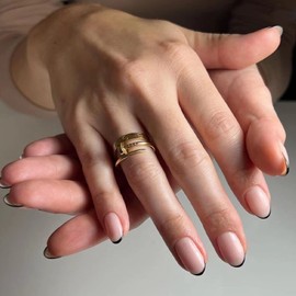 Ceboic Pack of 24 Almond Nails for Sticking, Short, French Black Edge Artificial Nails, Glossy Nude Press on Nails, Reusable Oval False Nails, Acrylic Fingernails, Fake Nails Kit for Women