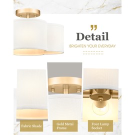 Audickic Gold Semi Flush Mount Ceiling Lights, 14" 4-Light Ceiling Light Fixtures with Fabric Shade in Quatrefoil Shape, Farmhouse Brass Drum Lighting for Kitchen Hallway Bedroom, AD-22007-4SF-GD