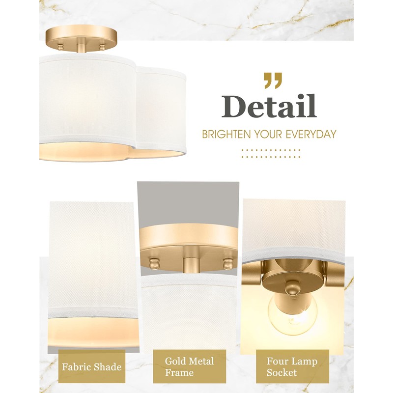 Audickic Gold Semi Flush Mount Ceiling Lights, 14" 4-Light Ceiling