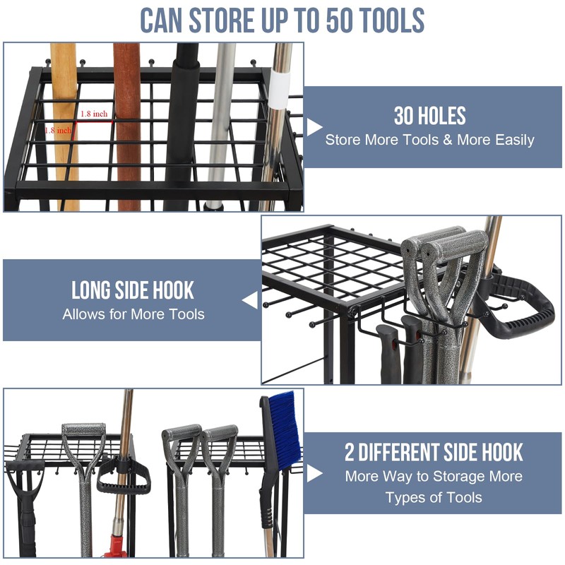 Garden Tool Organizer Holds 50 Long-Handled Tools/Rakes/Brooms/Shovles for Garage Organization