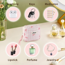 PLwelth Small Makeup Bag for Purse Mini Checkered Cosmetic Bag for Women Girls Cute Bow Cotton Makeup Pouch with Zipper Aesthetic Portable Travel Toiletry Bags for Sanitary Napkin Organizer Storage