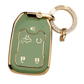 OLLEN 5-Button TPU Key Fob Cover, Fit for GMC Acadia 2017-2025, for Terrain 2018-2025, for Sierra 2019-2025, for Chevy Silverado 2019-2022, Full Protection Soft TPU Key Case, with Bling Ring, Green