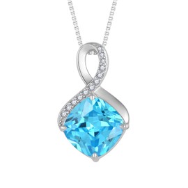 FJ Infinity Chain Women's 925 Sterling Silver Square Princess Cut Necklace Pendant Birthstone Jewellery Gifts for Women, Cubic Zirconia, Aquamarine