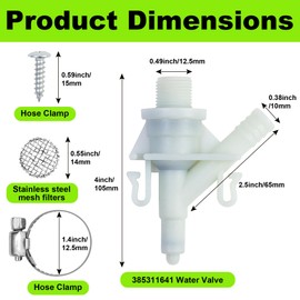 FullMayPro 385311641 RV Toilet Water Valve Kit Compatible with Sealand Dometic 300, 301, 310, 311, 320, 321 Pedal Flush Toilets Camper Trailer RV Toilet, Includes Fasteners、Sieve&Hose Clamp(1 Pack)